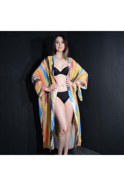Tedz Collection Paredora Hardal Fırça Desenli Kimono Pareo