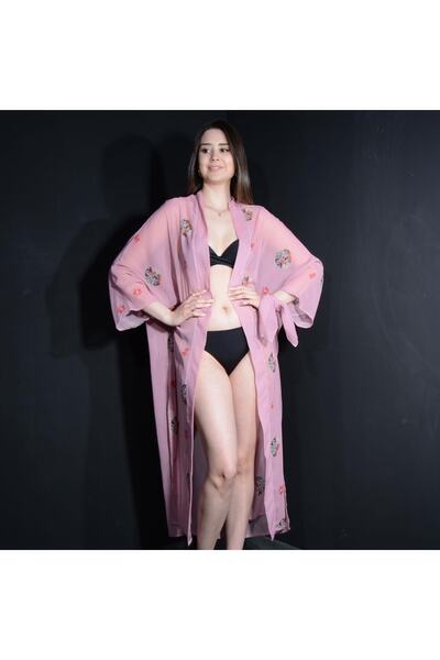 Tedz Collection Paredora Nakış Desenli Pembe Kimono Pareo