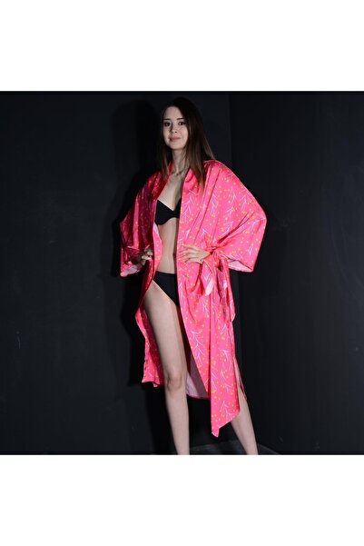 Tedz Collection Paredora Sarı Çiçek Desenli Pembe Kimono Pareo
