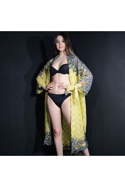 Tedz Collection Paredora Yellow Black Lace Patterned Kimono Pareo