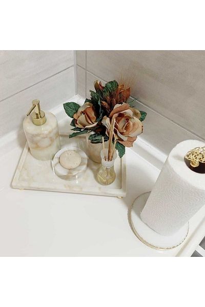 Sümeyra Marble Art Light Sugar - Natural Marble Bathroom Set | One Piece Tray | Gold Top Footed | Gold Towel Holder | 5's