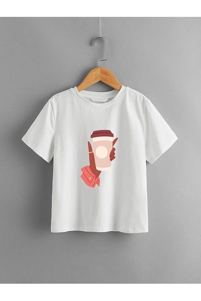 LePold Printed Girl/Boy T-Shirt Holding a Coffee Cup