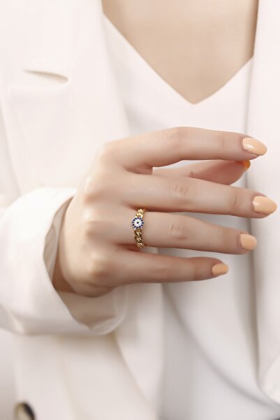 Lia Berto Altın Kaplama Ayarlanabilir Ölçülü Nazarlı 925 Ayar Gümüş Yüzük