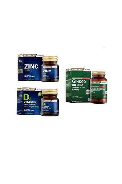 Nutraxin Ginkgo Biloba and Vitamin D3 60 Tablets + Zinc 100 Tablets