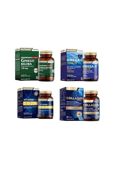 Nutraxin Ginkgo Biloba 60 Tablets - Omega 3, Coq-10 Coenzymes, Vitamin Max and Collagen 30 Tablets