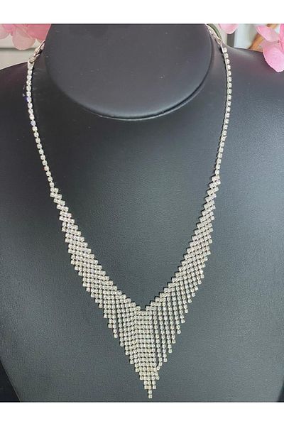 Gönülden Tasarım Zircon Stone Silver Color Necklace Earring Bridal Engagement Set Party Invitation Set