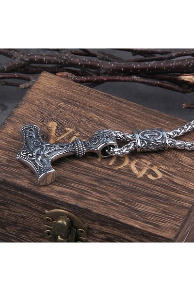 Viking Thor Scandinavian Mjollnir Teiwaz Mesh Chain Gray Men's Steel Necklace with Embroidery Accessories