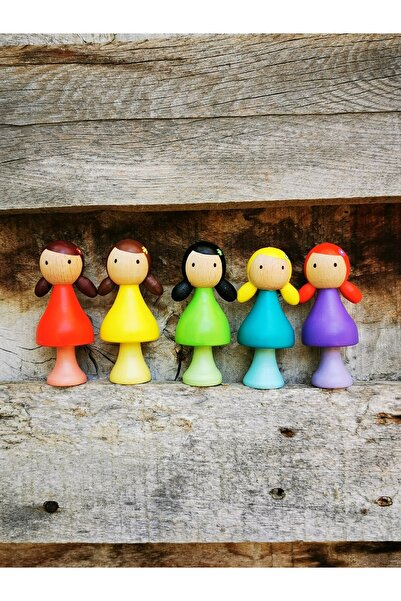 Mesu Ahşap Oyuncaklar Mesu 5'li Waldorf Ahşap Kız Bebekler, Peg Bebek, Gökkuş...