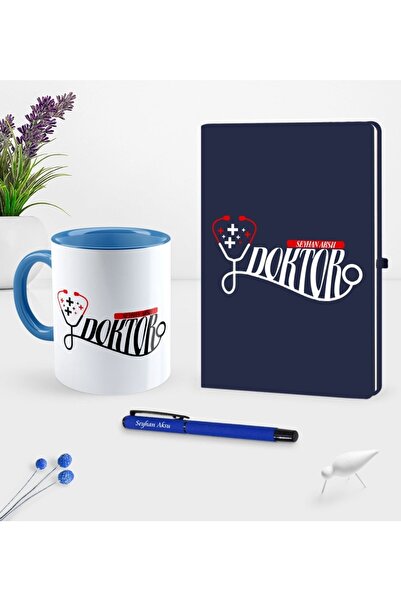 Bk Gift Kişiye Özel Doktor Temalı Lacivert Defter Kalem Kupa Seti - 13