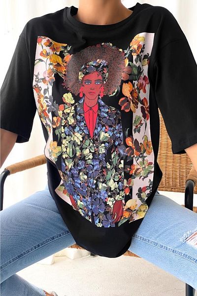 FEMELLE Tricou din bumbac cu design imprimat Leaf Girl pentru femei