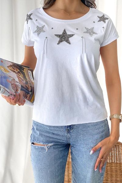 FEMELLE Tricou de damă cu model de stele cu ciucuri