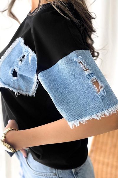 FEMELLE Tricou de damă negru din bumbac denim