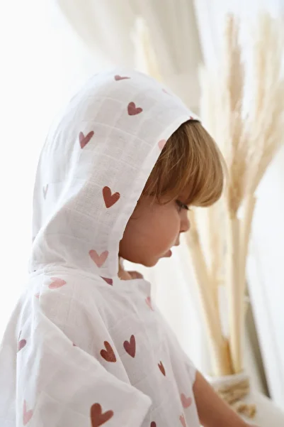 Tarkito Organic Pink Heart Organic Muslin Poncho Age 1-5