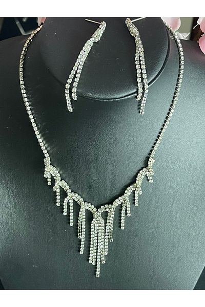 Gönülden Tasarım Zircon Stone Silver Color Necklace Earring Bridal Engagement Set Party Invitation Set