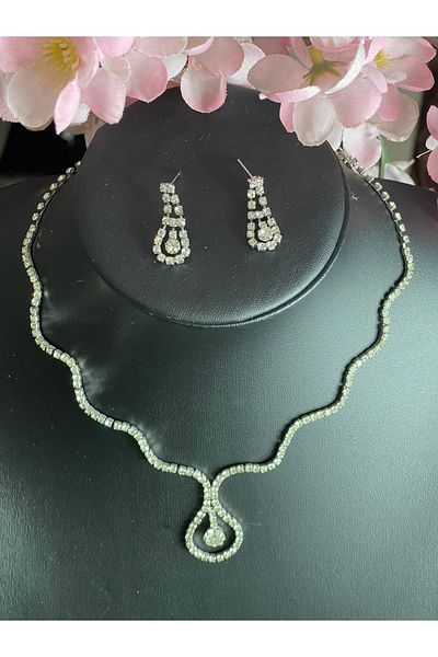 Gönülden Tasarım Zircon Stone Silver Color Necklace Earring Bridal Engagement Set Party Invitation Set