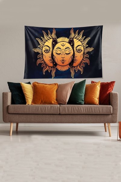 linazaitun Navy Blue Velvet Tapestry - Sun and Moon Stain Resistant, Wall Cov...