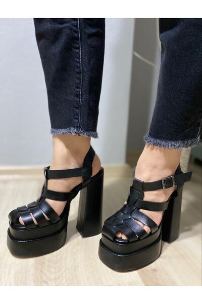 HAYYSHOES Örme Çift Platform Siyah Deri Topuklu Sandalet
