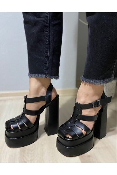 HAYYSHOES Örme Çift Platform Siyah Deri Topuklu Sandalet