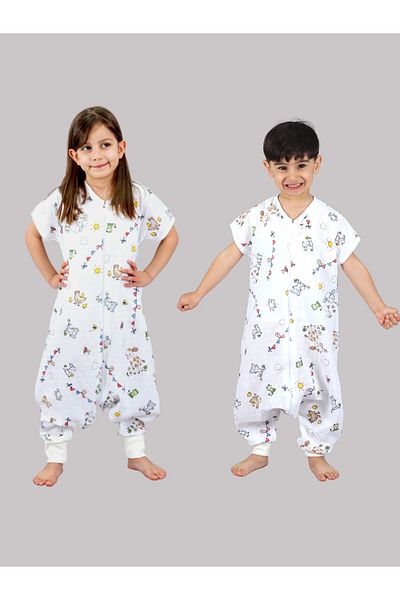 DİDABABY Muslin Patterned Double Layer Sleeping Bag - Short Sleeve, Spring (Room Temperature 24-26 Degrees)