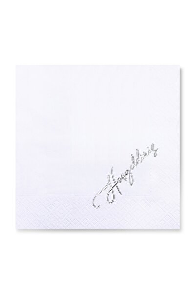 Story مجموعة من 16 منديل ورقي أبيض مقاس 33 × 33 سم مع نمط ترحيب من الفويل الفضي