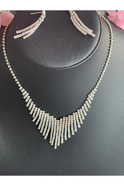 Gönülden Tasarım Zircon Stone Silver Color Necklace Earring Bridal Engagement Set Party Invitation Set