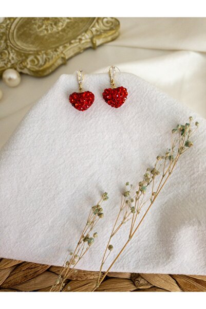 BeuBella Aksesuar Kırmızı Kristal Taş Kaplı Mini Kalp Küpe