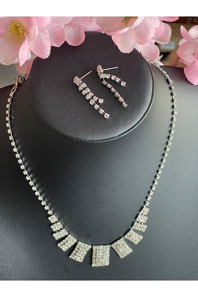 Gönülden Tasarım Zircon Stone Silver Color Necklace Earring Bridal Engagement Set Party Invitation Set
