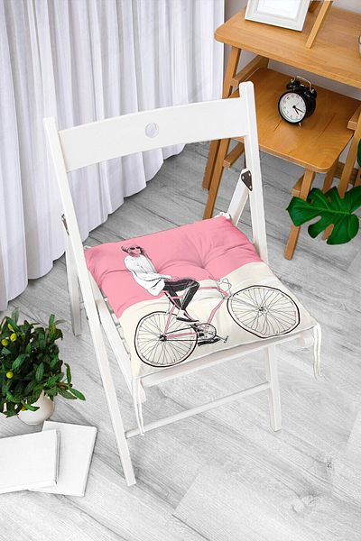 Realhomes Pink Cream Floor Bicycle Man Motif Fluffy Chair Cushion