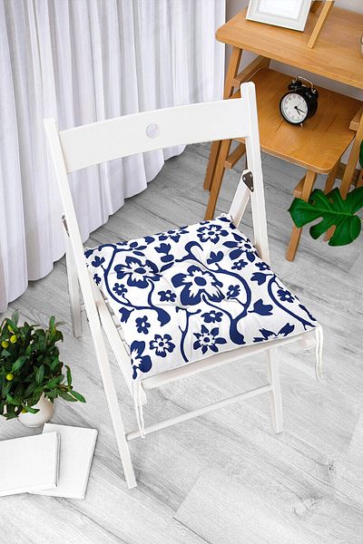 Realhomes White Floor Dark Blue Rose Motif Decorative Fluffy Chair Cushion