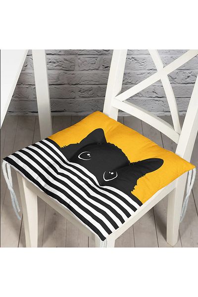 Realhomes Modern Fluffy Chair Cushion with Yellow Striped Motif Black Cat Design