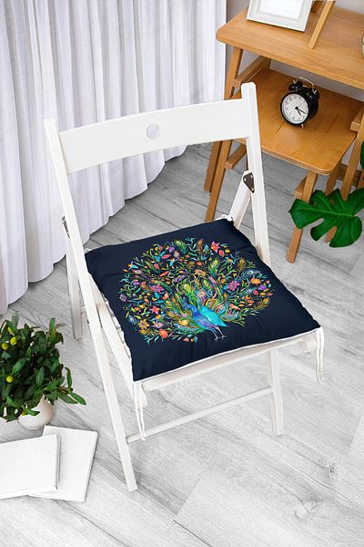 Realhomes Navy Blue Floor Peacock Special Design Fluffy Chair Cushion