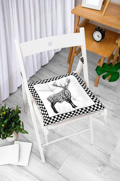 Realhomes Puffy Chair Cushion with Checkerboard Framed Tree Design and Deer Drawing
