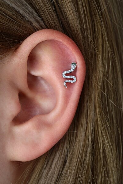 LUAR Cerrahi Çelik Taşlı Yılan Helix-tragus-kıkırdak-piercing Gümüş Renk (8mm)
