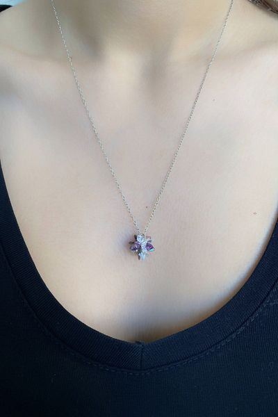 axexuar Zircon Stone Purple Amethyst Color Pendant Chain Necklace