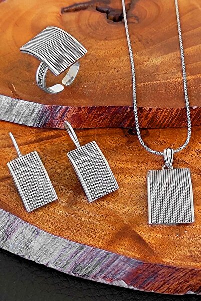 Aykat 925 Ayar Telkari Gümüş Set Kadın Oksitli Yüzük Küpe Kolye Ucu Set-269