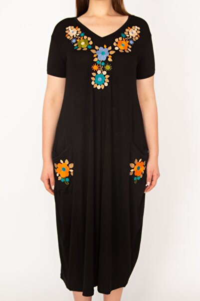 Şans Women's Plus Size Black Embroidery Detailed Pocket Viscose Dress 65n32909