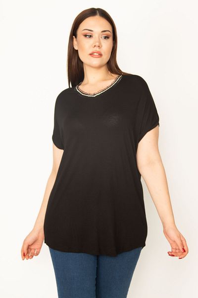 Şans Women's Large Size Black Collar Lace and Stone Detailed Viscose Blouse 65n32859