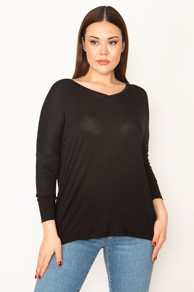 Şans Damen-Bluse, große Größe, schwarz, V-Ausschnitt, langärmlig, Basic-Bluse 65n32855