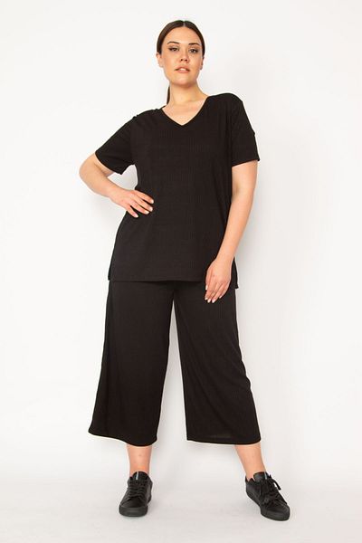 Şans Women's Black Camisole Knitted Elastic Waist Wide Leg Trousers V-Neck Blouse Suit 65N32939