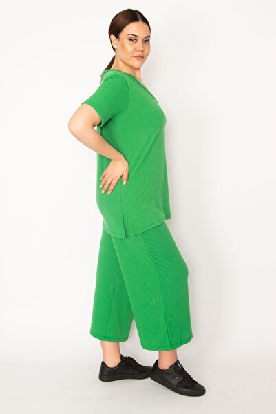 Şans Women's Green Camisole Knitted Elastic Waist Wide Leg Trousers V-Neck Blouse Suit 65N32939