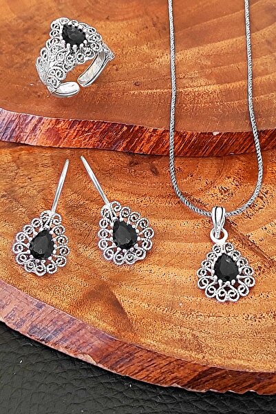 Aykat Siyah Renk Oniks Taşlı Telkari Damla Modeli Gümüş Bayan Set Yüzük Küpe Kolye Set-280