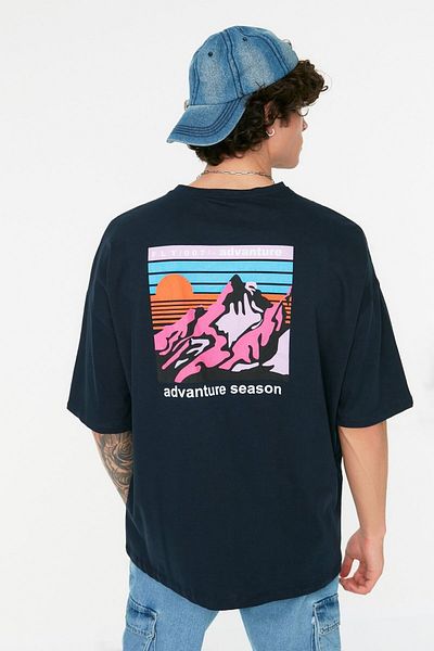 Trendyol Collection Sötétkék túlméretes nyomott pamut póló - TMNSS21TS1227