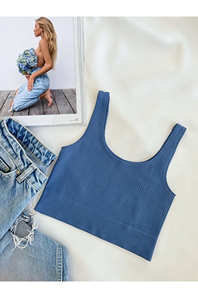 WAHSHE Seamless Fitilli Crop Top Mavi