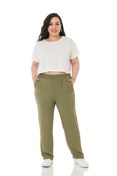 DISENTIS MODEST Large Size Linen Aerobin Khaki Trousers with Elastic Waist Pockets