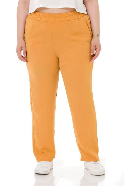 DISENTIS MODEST Large Size Linen Aerobin Mustard Trousers with Elastic Waist Pockets