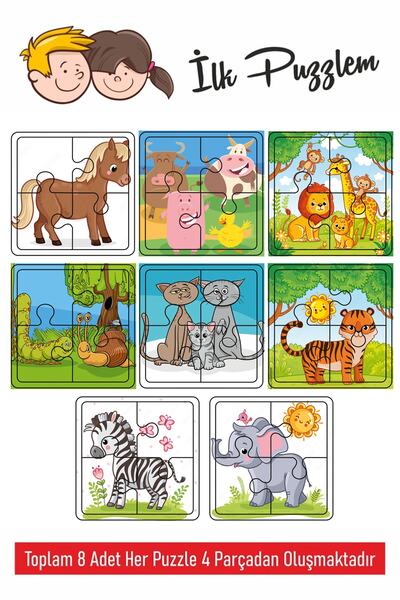 samsunlazer 8 Li Set Ahşap Çocuk Puzzle 4 Parça Puzzle Sevimli Hayvanlar Seti