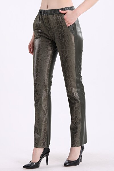 Leather Club Haki Baskılı Spor Fit Deri Pantolon