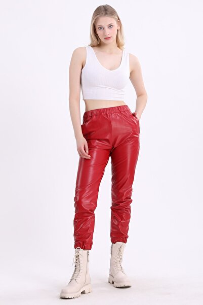 Leather Club Kırmızı Spor Fit Deri Pantolon