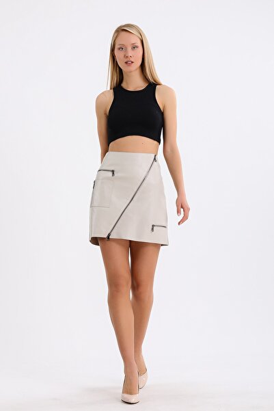 Leather Club Krem Deri Etek