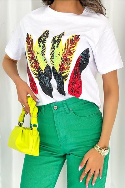 FEMELLE Tricou de damă, brodat cu paiete cu pene, sezonul nou
